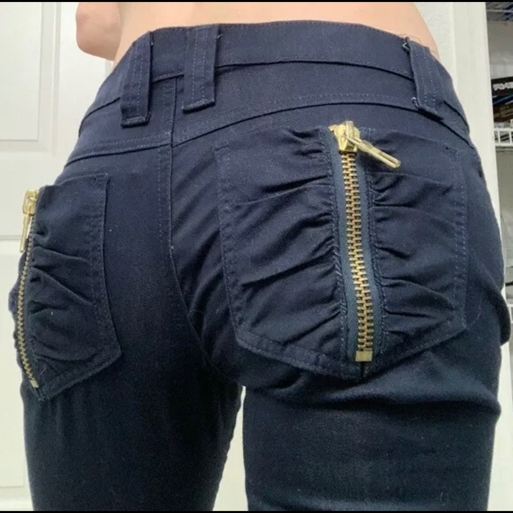 Frankie B navy pants size 24 low rise boot cut.